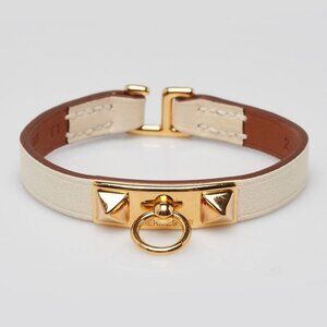 Hermes Craie Leather and Gold Plated Mini Rivale Bracelet Size T1